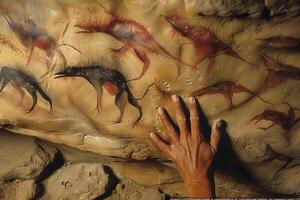 AI generated cave painting, the hand of an indigenous person touches an ancient stone with mysterious creatures depicted on it photo