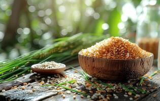 AI generated Brown rice and white ricere in wooden bowl with rice plant and rice bottle on wooden table photo