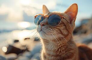 ai generado linda gato en Gafas de sol foto