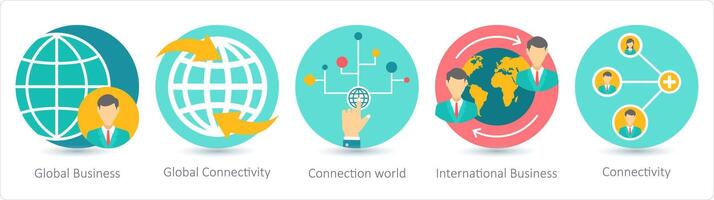 A set of 5 business icons as global business, global connectivity, connection world vector