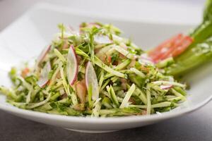 shirazi ensalada con Pepino y tomate servido en plato aislado en gris antecedentes parte superior ver de Arábica comida foto