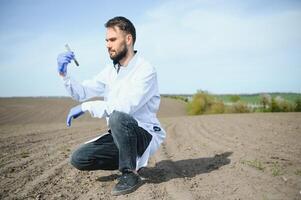 Agronomist studying samples of soil in field photo