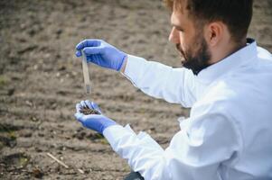 Soil Testing. Agronomy Specialist taking soil sample for fertility analysis. Hands in gloves close up. Environmental protection, organic soil certification, field work, research. photo