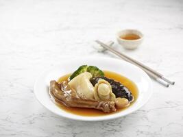 Braised Sliced Abalone with Conpoy, Goose Web, Sea Cucumber and Fish Maw in Brown Sauce served in a dish side view on grey background photo