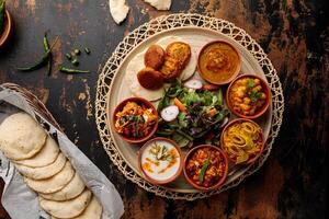 Bahraini Breakfast set with hummus, raita, salad, gravy, vegetable and bread served in dish isolated on table top view of arabic breakfast photo