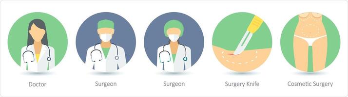 A set of 5 medical icons as doctor, surgeon, surgery knife vector