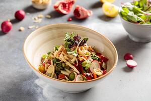 Fattoush or fattush, fattouch, fresh salad served in dish isolated on table top view of arabic breakfast photo