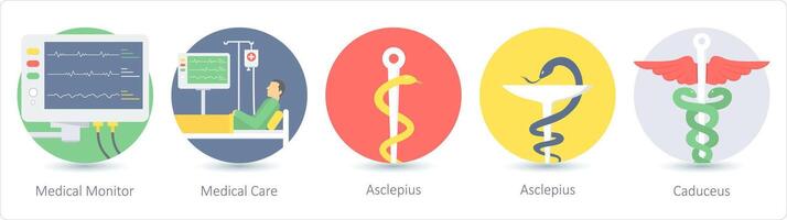 A set of 5 medical icons as medical monitor, medical care, asclepious vector