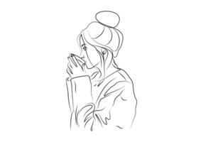 Girl drinking tea. Continuous one line art. Minimalist line art vector illustration