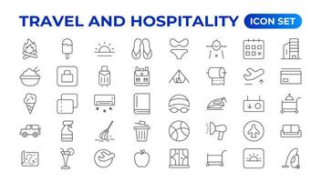 Set of outline icons related to the hospitality industry. Editable stroke. Vector illustration.Travel set. Summer vacations and holiday symbol vector illustration. traveling tourism elements.