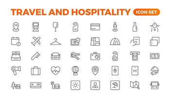 Set of outline icons related to the hospitality industry. Editable stroke. Vector illustration.Travel set. Summer vacations and holiday symbol vector illustration. traveling tourism elements.