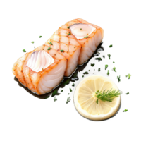 AI Generated A scrumptious monkfish fillet, pan-seared with a garlic and herb butter, delicates sea food, isolated on transparent background png