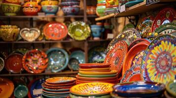 AI generated A Colorful display of hand-painted ceramic plates and bowls in a cozy artisan shop. photo