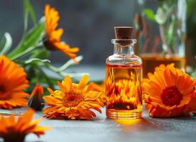 AI generated Bottle of calendula essential oil with fresh calendule flowers photo