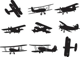 Vector set of silhouettes of small planes. Shadows of light-engine aircraft of maize growers with Soviet stars.