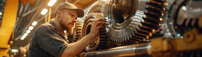 ai generado un trabajador en un gorra inspeccionando pesado engranajes dentro un industrial ajuste. foto