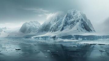 ai generado un panorámico Disparo de el prístino y glacial montaña paisaje de Antártida debajo un sometido cielo. foto