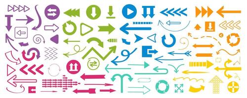 Arrows and pointers mega set in flat graphic design. Collection elements of colors cursors, download or upload signs, turning circles, clicks, repetitions, next, up and others. Vector illustration.