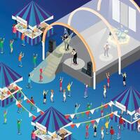 Illustration Music Festival Concept 3d Isometric View Concert Party Elements Landscape Background and Stage. Vector illustration of Musical Event