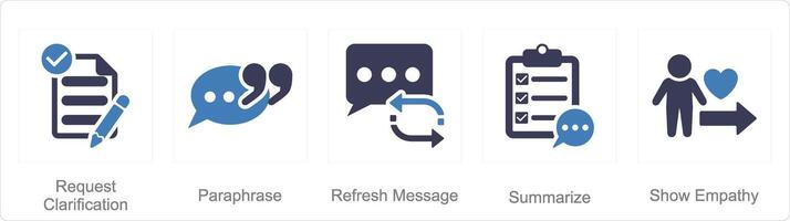 A set of 5 active listening icons as request clarification, paraphrase, refresh message vector