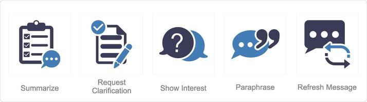 A set of 5 active listening icons as summarize, request clarification, show interest vector