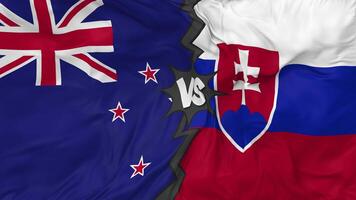 nuevo Zelanda vs Eslovaquia banderas juntos sin costura bucle fondo, serpenteado bache textura paño ondulación lento movimiento, 3d representación video