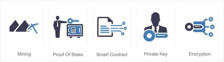 A set of 5 Blockchain icons as mining, proof of stake, smart contract vector