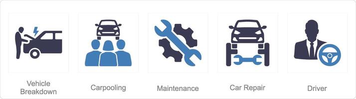 A set of 5 Car icons as vehicle breakdown, carpooling, maintenance vector