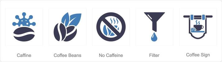 A set of 5 Coffee icons as caffiene, coffee beans, no caffiene vector