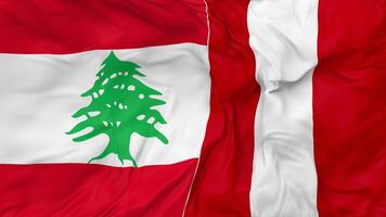 libanon mot peru flaggor tillsammans sömlös looping bakgrund, looped stöta textur trasa vinka långsam rörelse, 3d tolkning video