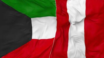 Kuwait vs Perù bandiere insieme senza soluzione di continuità looping sfondo, loop urto struttura stoffa agitando lento movimento, 3d interpretazione video