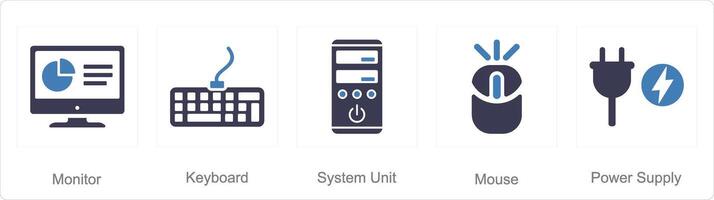 A set of 5 computerparts icons as monitor, keyboard, system unit vector