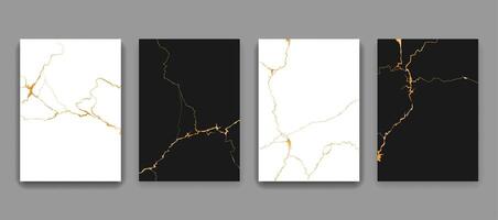 Kintsugi gold cracks marble texture patterns set vector