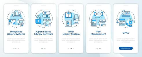 Digital library blue onboarding mobile app screen. Walkthrough 5 steps editable graphic instructions with linear concepts. UI, UX, GUI template. Montserrat Semibold, Regular fonts used vector