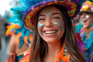 AI generated Group of people wearing colorful costumes and laughing together during parade for April Fools Day photo