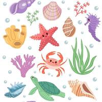 Sea animals. Seamless pattern of hand-drawn sea life creatures and elements. Vector doodle cartoon set of marine life objects. Flat illustration on white background. Collection for stickers.