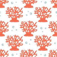 Cute hand-drawn colored coral in flat style, seamless, pattern, ocean aquatic underwater kawaii vector. Vector cartoon illustration on white background.