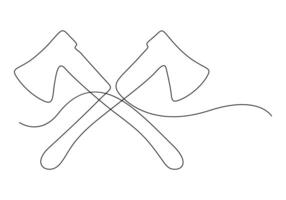 Continuous one line drawing of axe carpentry tool. Two axes crossed vector illustration