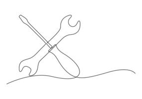 Continuous one line drawing of wrench and screw. Auto service concept. Vector illustration