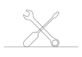 Continuous one line drawing of Wrench and screwdriver. Isolated on white background vector illustration