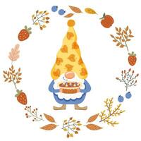 Funny gnome with a pie. Autumn. Vector illustration