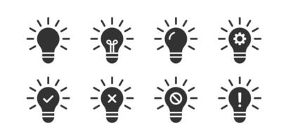 Light bulb icon. Idea, creative, innovation bulb. Electric energy. Bright lamp. Block, cancel, gear, check mark, exclamation mark signs. vector