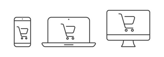 Online shop in computer, laptop, phone icon. Shopping cart symbol. Web store sign. Click to buy in the internet. vector