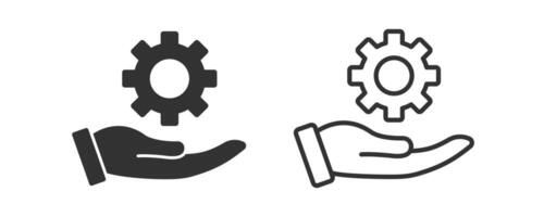 Hand holding gear icon. Technology symbol. Setting in the hand. Machine cogwheel. Support service. vector