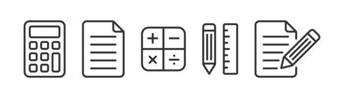 Office stationery. Pen, paper, document, calculator, line icon. Accountant, education, school. vector