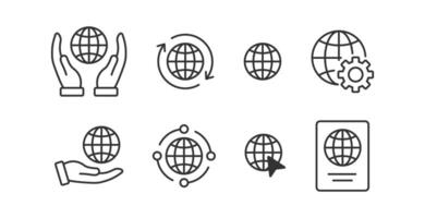 World globe icon. Earth planet sign. Network click, passport. Web global with gear element. Hand hold a world. vector