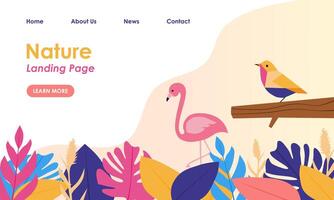 Web page design template with illustration of colorful tropical nature, leaves, bird, flamingo. Vector illustration.