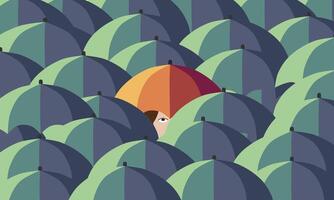 Someone behind the umbrella. Umbrella pattern emphasis design with a person peeking out.  Vector illustration.