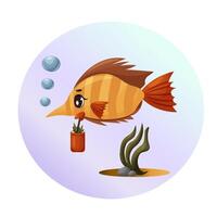 The fish drinks a cocktail of algae. Character design. Vector illustration in cartoon style.