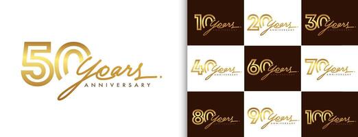 Set of anniversary logotype design with handwriting golden color for celebration event, wedding, greeting card, and invitation. Vector illustration.